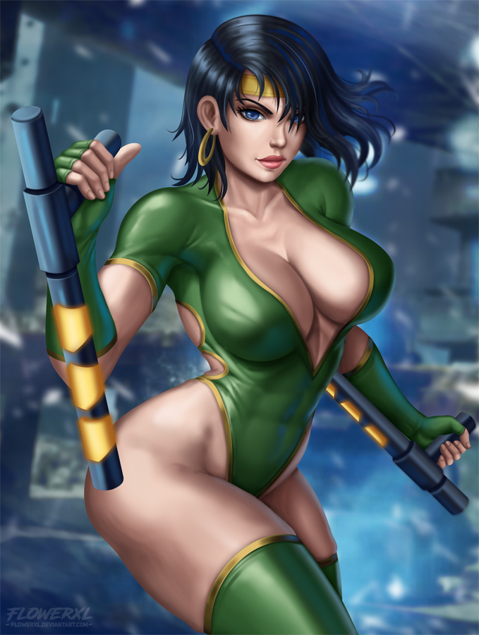 1girl, black_hair, black_orchid, blue_eyes, breasts, cleavage, earrings, fingerless_gloves