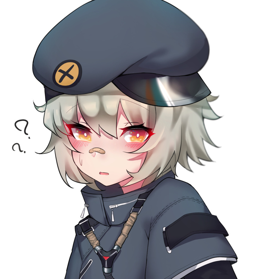 1girl, ??, bandaid, bandaid_on_nose, blush, girls_frontline, grey_hair, hat