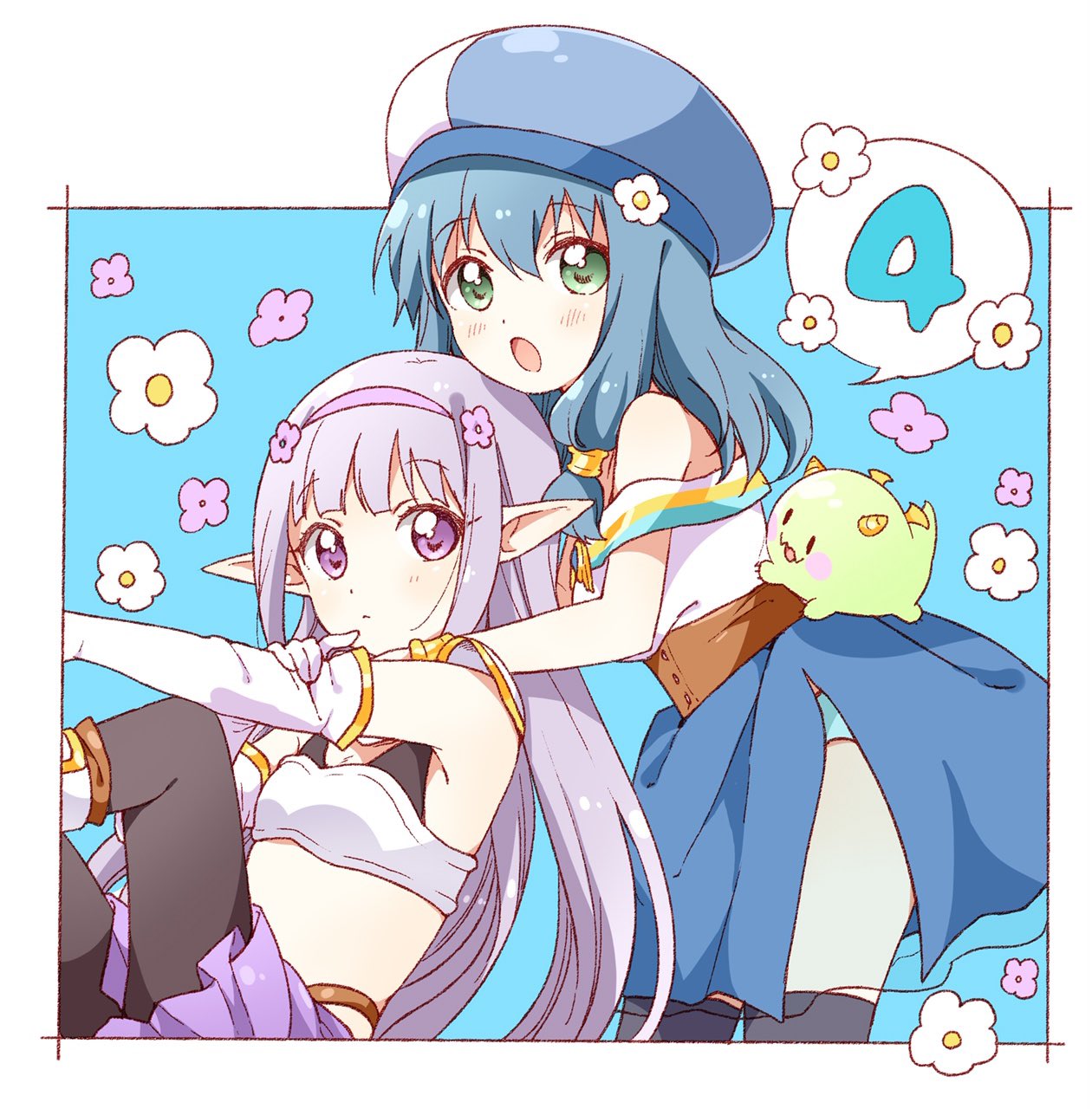 2girls, black_legwear, blue_hair, blue_hat, blue_panties, blue_skirt, blush, breasts