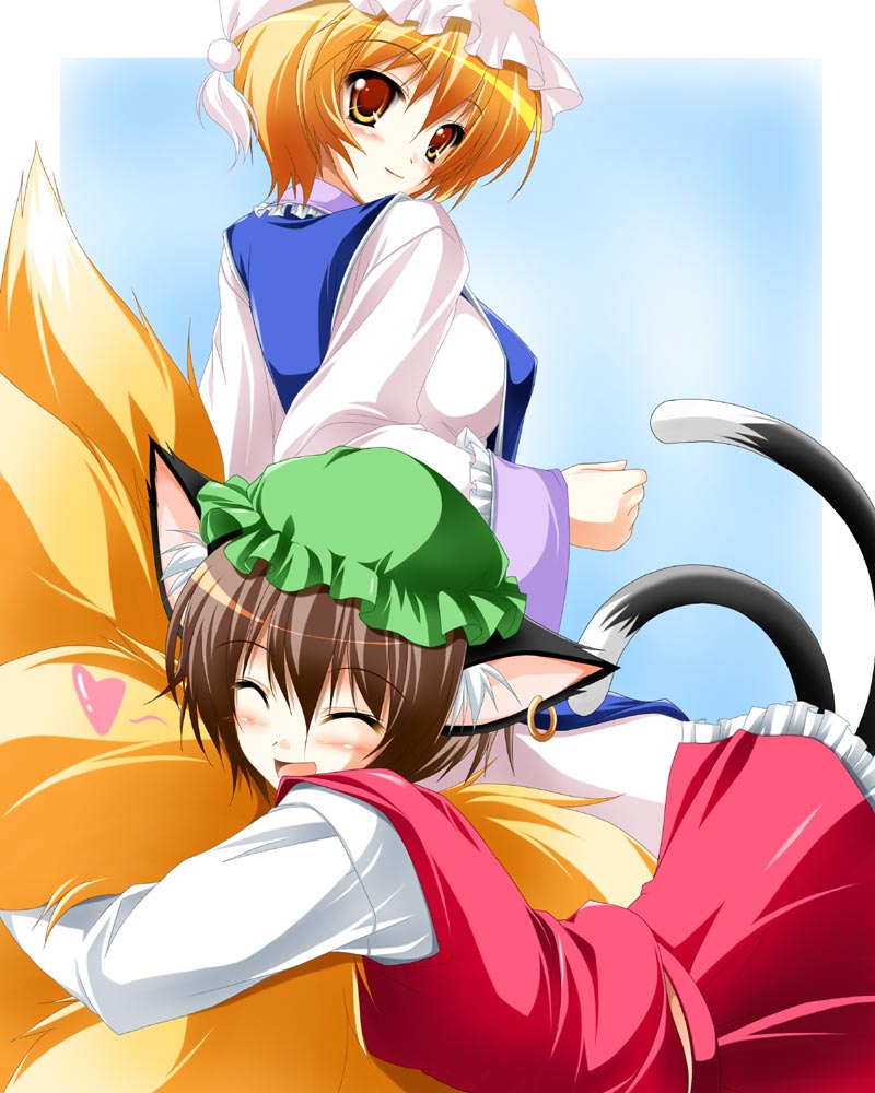 blonde_hair, blues, blush, brown_hair, cat_ears, cat_tail, chen, china_dress