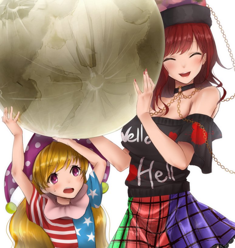2girls, :d, ^_^, akehi_yuki, american_flag_dress, arms_up, bangs, bare_shoulders