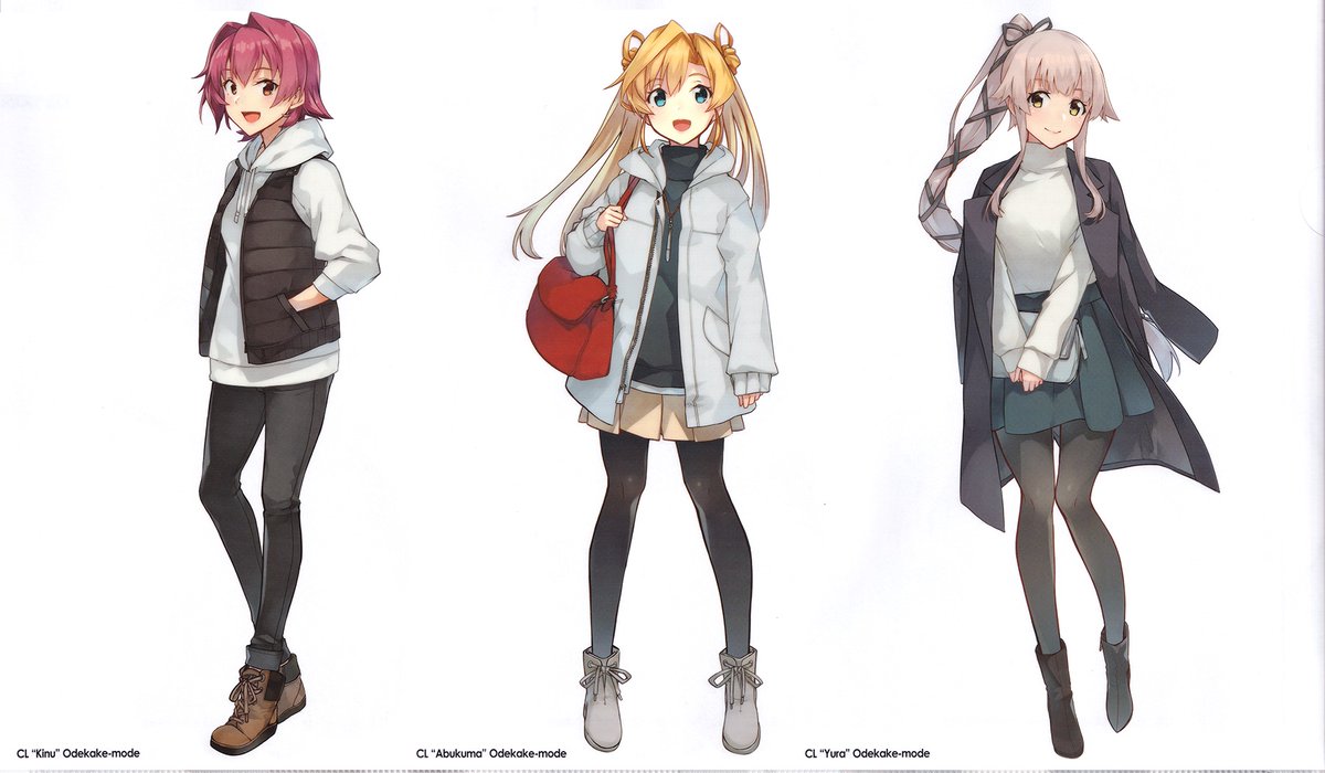 3girls, abukuma_(kantai_collection), bag, bangs, black_ribbon, blonde_hair, blue_eyes, casual, casual_suit, denim, double_bun, green_eyes, grey_hair, hair_between_eyes, hair_flaps, hair_ribbon, hair_rings, handbag, hood, hoodie, hoodie_vest, jacket, jeans, kantai_collection, kinu_(kantai_collection), konishi_(koconatu), long_hair, multiple_girls, official_art, orange_eyes, pants, pantyhose, pleated_skirt, ponytail, redhead, ribbon, scan, scan_artifacts, short_hair, side_ponytail, skirt, very_long_hair, vest, yura_(kantai_collection)