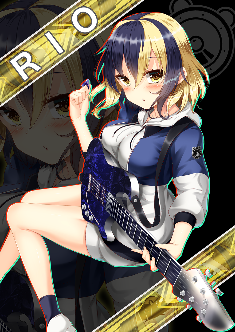 1girl, :o, akine_(kuroyuri), asaba_rio, bangs, bemani, black_hair, blonde_hair, blush, breast_rest, breasts, character_name, electric_guitar, gitadora, guitar, hair_between_eyes, highres, hood, hoodie, instrument, long_sleeves, looking_at_viewer, medium_breasts, multicolored_hair, music, playing_instrument, short_hair, shorts, solo, two-tone_hair, white_shorts, yellow_eyes, zoom_layer