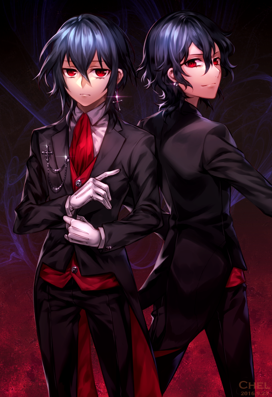 2boys, adjusting_clothes, artist_name, bangs, black_hair, black_jacket, cadis_etrama_di_raizel, chel9, collared_shirt, commentary, cross, earrings, formal, gloves, hair_between_eyes, hands_up, highres, jacket, jewelry, looking_at_viewer, looking_back, multiple_boys, noblesse, red_eyes, shirt, short_hair, smile, suit, vampire, white_gloves