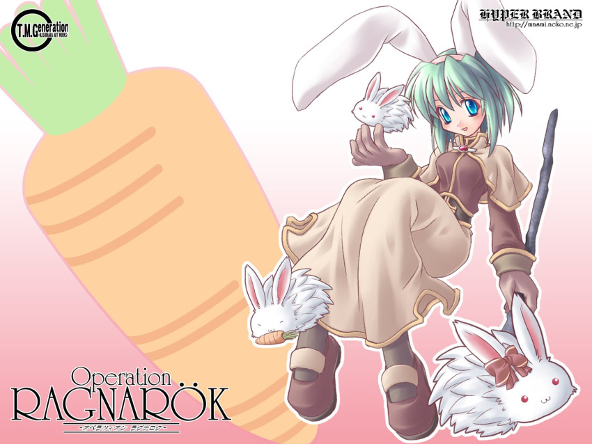 animal_ears, bunny, bunny_ears, carrot, green_hair, highres, ishihara_masumi, laugh