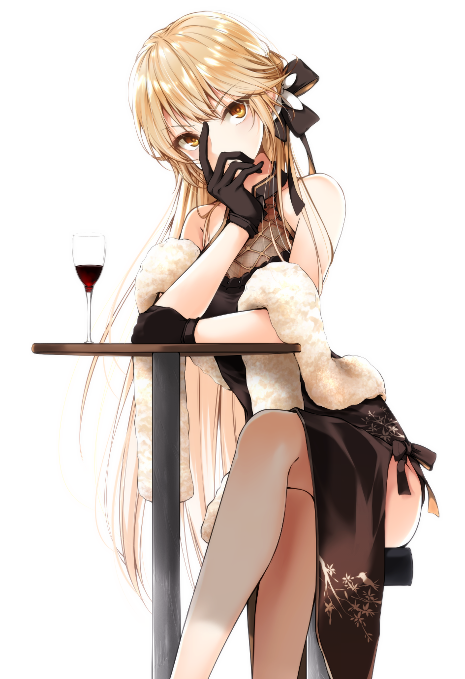 1girl, bare_shoulders, black_bow, black_dress, black_gloves, blonde_hair, bow, cup