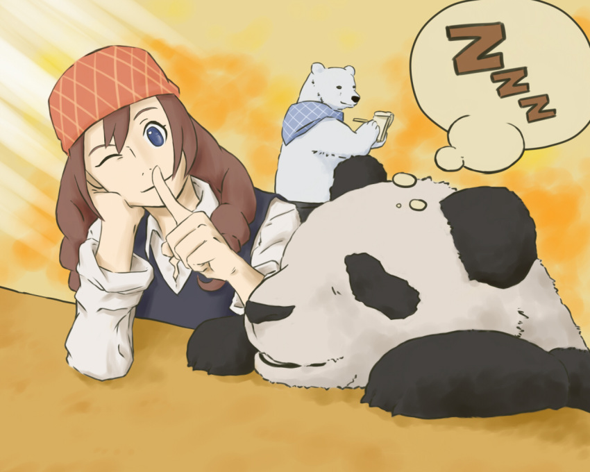 1girl, bandanna, bear, blue_eyes, braid, brown_hair, long_hair, panda