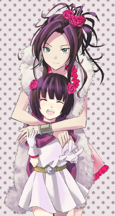 black_hair, blue_eyes, closed_eyes, deborah, deborah's_daughter, deborah's_daughter, dragon_quest, dragon_quest_v, dress, flower, gloves, hug, mother_and_daughter, rose, roses, short_hair, v