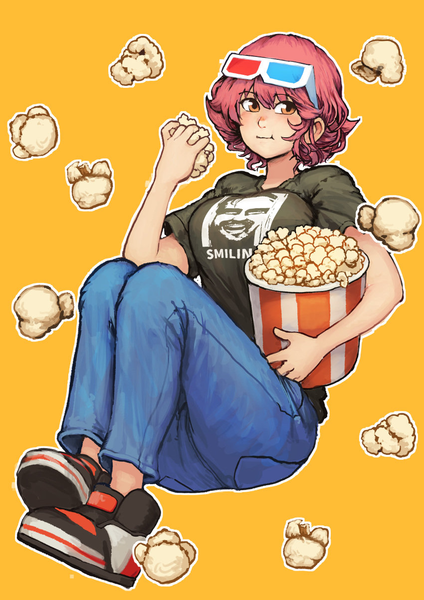 3d_glasses, absurdres, black_shirt, breasts, bucket, chanta_(ayatakaoisii), character_request, copyright_request, denim, eating, eyebrows_visible_through_hair, food, full_body, highres, holding, holding_food, jack_torrance_(the_shining), jeans, knees_up, large_breasts, looking_at_viewer, orange_background, orange_eyes, original, outline, pants, pink_hair, popcorn, shirt, shoes, short_sleeves, t-shirt, the_shining, white_outline