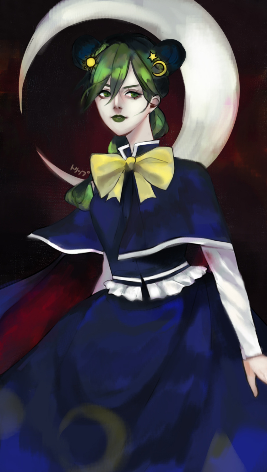 1girl, blue_cape, blue_capelet, blue_hat, blue_shirt, blue_skirt, bow, bowtie