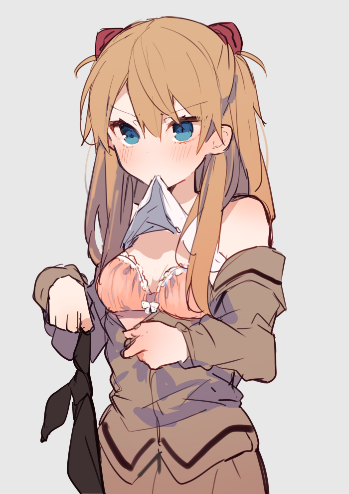 1girl, bare_shoulders, blush, bow, bow_bra, bra, breasts, brown_neckwear, brown_serafuku, brown_shirt, brown_skirt, closed_mouth, cowboy_shot, eyebrows_visible_through_hair, grey_background, hair_between_eyes, headgear, holding, holding_neckwear, ikeuchi_tanuma, light_brown_hair, long_hair, mouth_hold, neckerchief, neon_genesis_evangelion, neon_genesis_evangelion_gakuen_datenroku, off_shoulder, pink_bra, pleated_skirt, shirt, simple_background, skirt, small_breasts, solo, souryuu_asuka_langley, standing, two_side_up, underwear, undressing