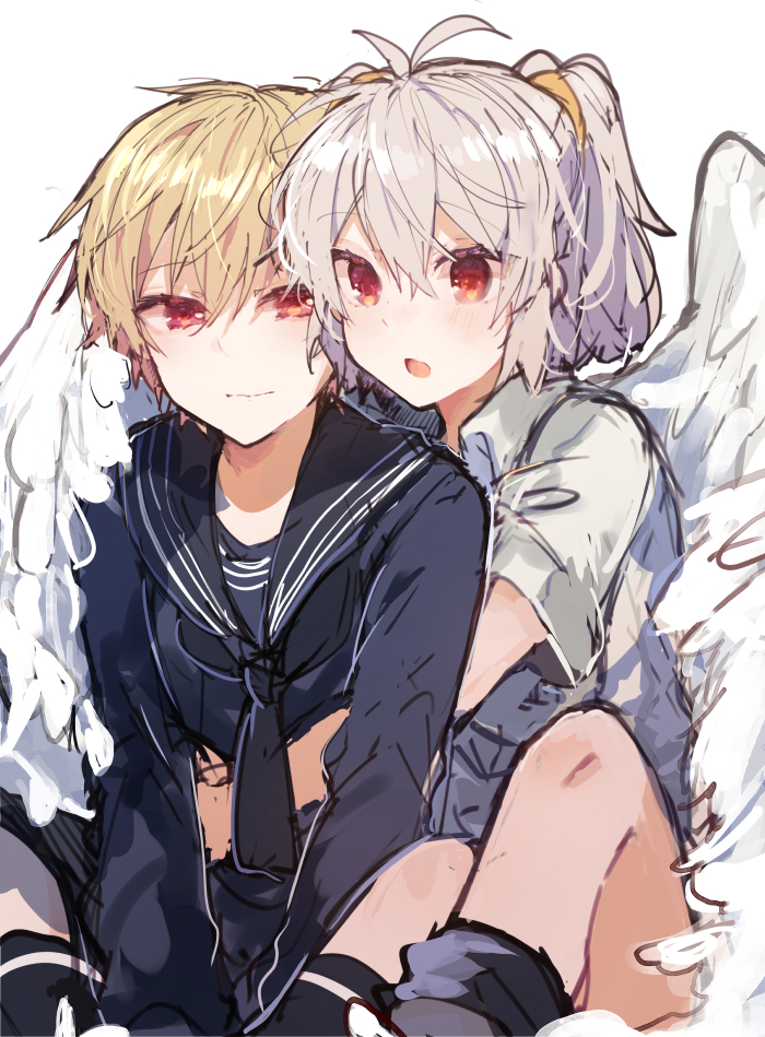 1boy, 1girl, angel_chromosome_xx, bangs, black_legwear, black_sailor_collar, black_serafuku, black_shirt