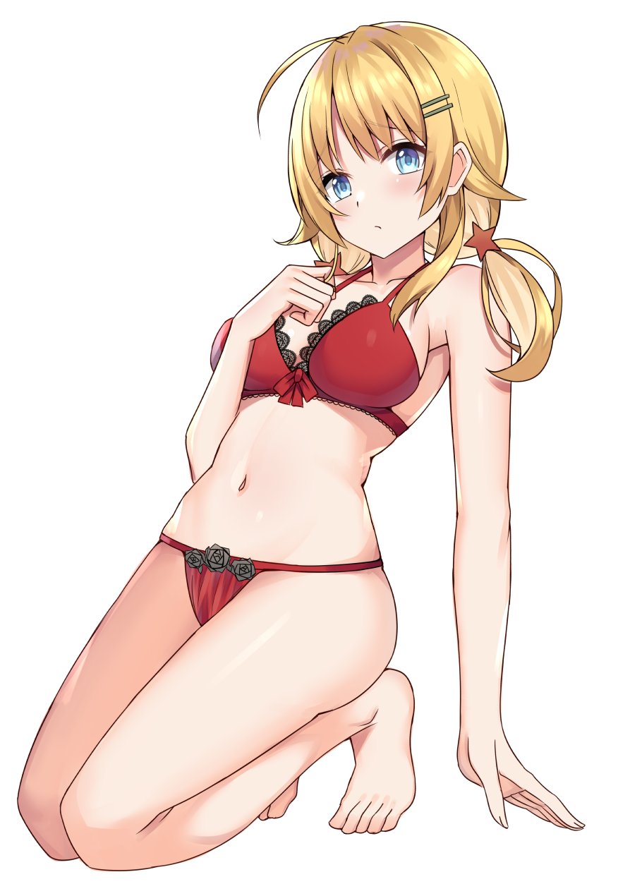 1girl, ahoge, arm_support, armpits, bangs, bare_legs, barefoot, black_flower, black_rose, blonde_hair, blue_eyes, blush, bow, bow_bra, bra, breasts, collarbone, commentary, eyebrows_visible_through_hair, flower, flower_panties, frilled_bra, frills, frown, hachimiya_meguru, hair_ornament, hair_twirling, hairpin, highres, idolmaster, idolmaster_shiny_colors, kanikou, kneeling, lingerie, looking_at_viewer, low_twintails, medium_breasts, medium_hair, navel, panties, red_bra, red_panties, rose, shiny, shiny_hair, shiny_skin, sideboob, sidelocks, simple_background, star, star_hair_ornament, thighs, twintails, underwear, white_background