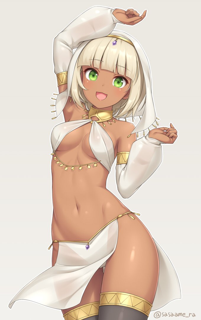 1girl, :3, :d, arm_up, bangs, black_legwear, blonde_hair, blunt_bangs