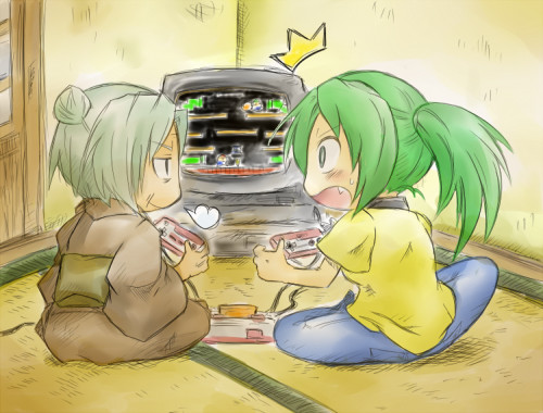 girls_playing_games, higurashi_no_naku_koro_ni, lowres, mario_bros., old_woman, onibaba, playing_games, pote_(ptkan)