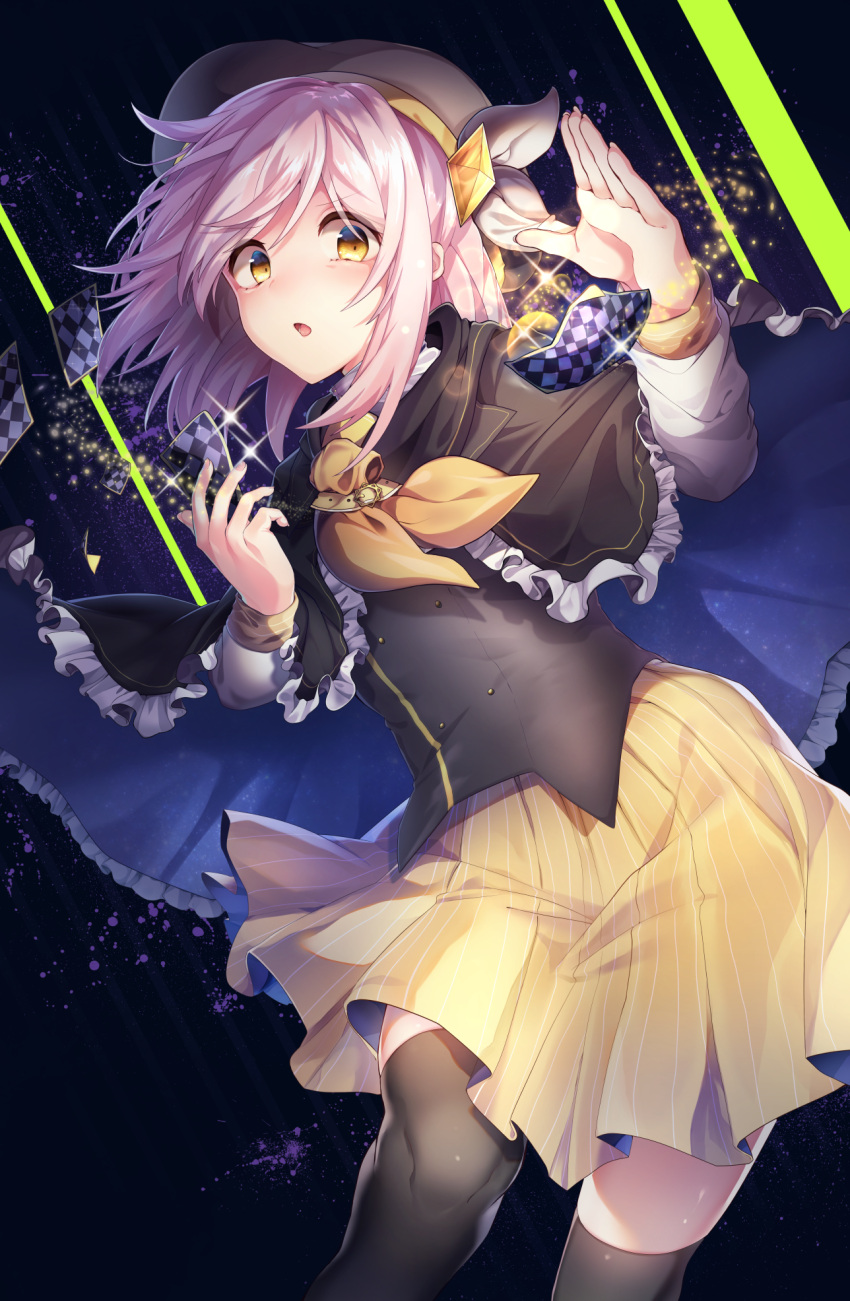 1girl, aosoraa6, black_capelet, black_legwear, bow, capelet, card, frilled_capelet