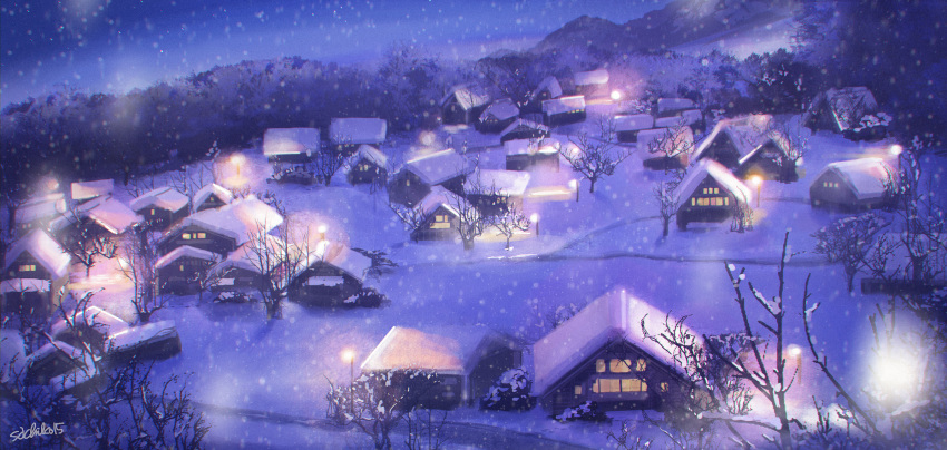 bare_tree, highres, house, landscape, mountain, night, no_humans, original, outdoors, sachiko15, scenery, signature, snow, snowing, star, tree, village