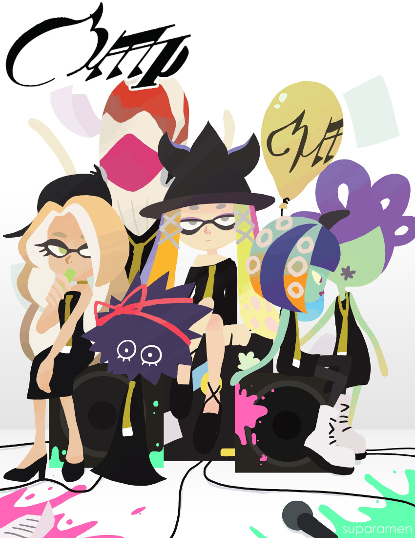 6+girls, aachin_(splatoon), absurdres, balloon, band, bibi_(splatoon), black_footwear, blonde_hair, boots, dress, green_eyes, green_skin, hat, highres, ink, karen_(splatoon), kazoo, kitamura_(splatoon), long_hair, mayaya_(splatoon), microphone, multicolored_hair, multiple_girls, nautilus_(animal), necktie, paper, purple_hair, sea_urchin, simple_background, sitting, splatoon, splatoon_(series), splatoon_2, stereo, suparamen, tentacle_hair, white_background, white_footwear, yoko_(splatoon)