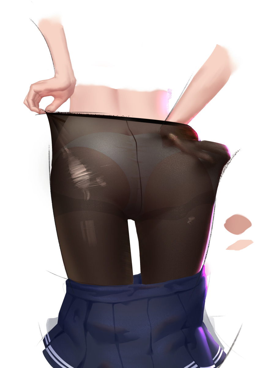 1girl, absurdres, adjusting_clothes, adjusting_legwear, ass, black_legwear, blue_skirt, commentary_request