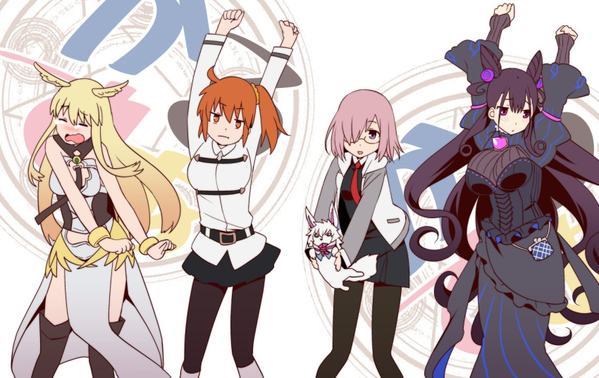 1boy, 3girls, ahoge, amamiya_sora, arms_up, bag, blonde_hair, blush