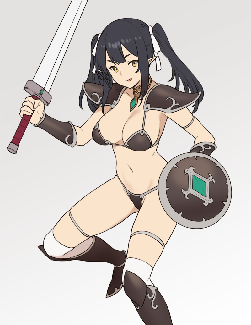 1girl, :d, armor, armored_boots, bikini_armor, black_hair, boots, bracer