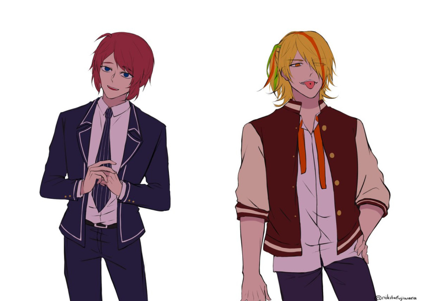 2boys, blonde_hair, blue_eyes, genderswap, genderswap_(ftm), hair_over_one_eye, jacket, kamiki19, minamoto_sakura, multicolored_hair, multiple_boys, nikaidou_saki, open_mouth, orange_eyes, piercing, pink_hair, ponytail, school_uniform, signature, smile, streaked_hair, striped, striped_neckwear, zombie_land_saga