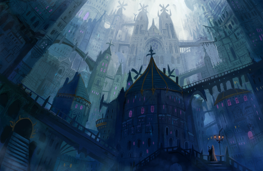 1other, ame_sagari, bridge, brown_cloak, cloak, fan, fantasy, fog