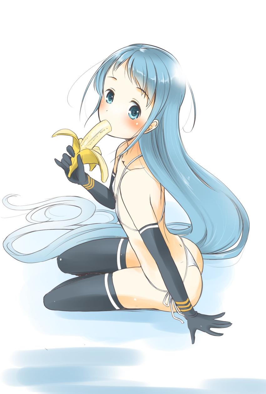 1girl, arm_support, ass, banana, bangs, bikini, black_gloves, black_legwear