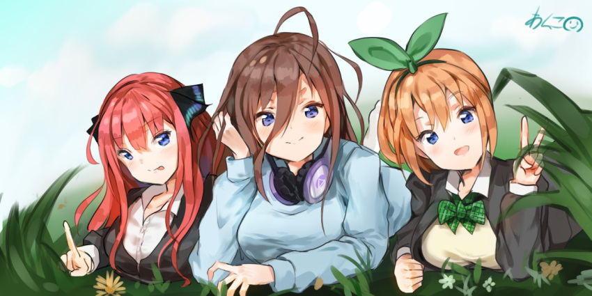 21doolybj, 3girls, bangs, black_jacket, black_ribbon, blue_cardigan, blue_eyes, blush, bow, breasts, brown_hair, closed_mouth, collared_shirt, dress_shirt, eyebrows_visible_through_hair, go-toubun_no_hanayome, grass, green_bow, hair_between_eyes, hair_ornament, hair_ribbon, headphones, headphones_around_neck, index_finger_raised, jacket, licking_lips, long_hair, long_sleeves, looking_at_viewer, lying, multiple_girls, nakano_miku, nakano_nino, nakano_yotsuba, on_stomach, open_mouth, orange_hair, redhead, ribbon, school_uniform, shirt, short_hair, smile, tongue, tongue_out, v, white_shirt