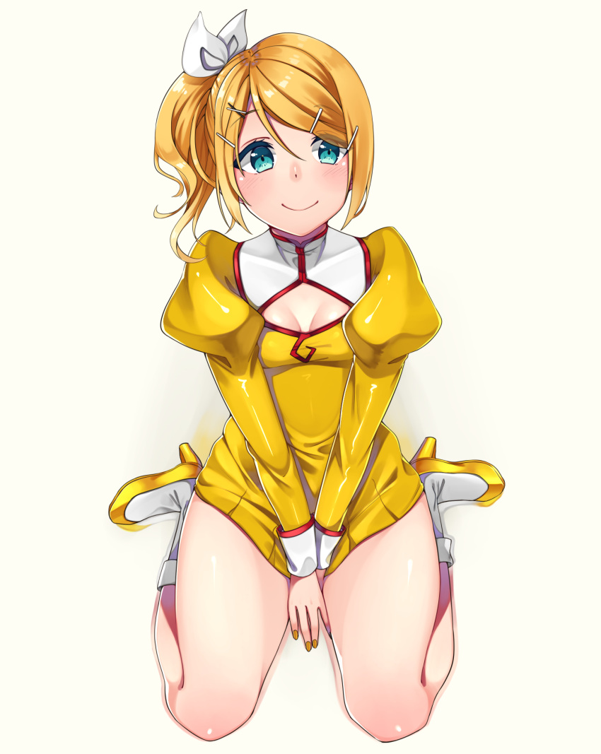 1girl, agent_aika, aika_(series), bangs, blonde_hair, blue_eyes, blush, bobby_socks, bow, breasts, cleavage, cleavage_cutout, closed_mouth, cosplay, crossover, delmogeny_uniform, dress, eyebrows_visible_through_hair, eyes_visible_through_hair, full_body, golden_delmo, hair_bow, hair_ornament, hairclip, high_heels, highres, inu8neko, juliet_sleeves, kagamine_rin, legs, long_sleeves, looking_at_viewer, nail_polish, puffy_sleeves, shiny, shiny_skin, short_hair, sitting, smile, socks, solo, swept_bangs, thighs, uniform, vocaloid, wariza, white_background, white_bow, white_legwear, yellow_dress, yellow_footwear, yellow_nails