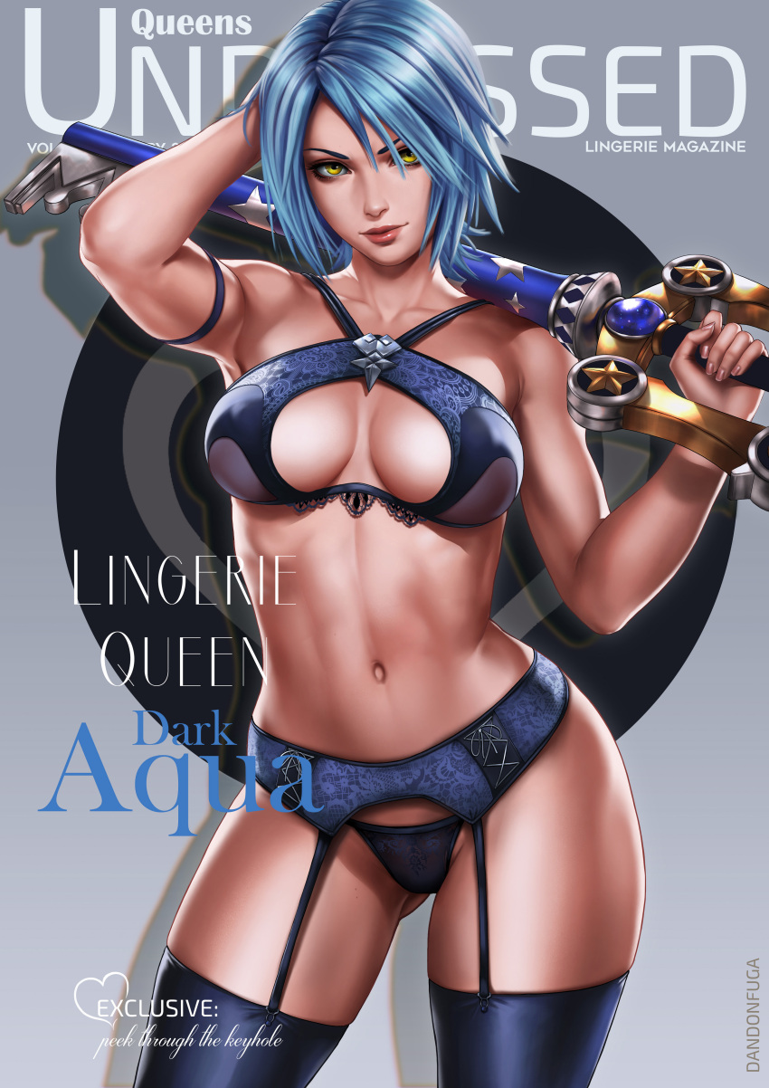 1girl, absurdres, aqua_(kingdom_hearts), arm_behind_head, armband, armpits, artist_name, ass_visible_through_thighs