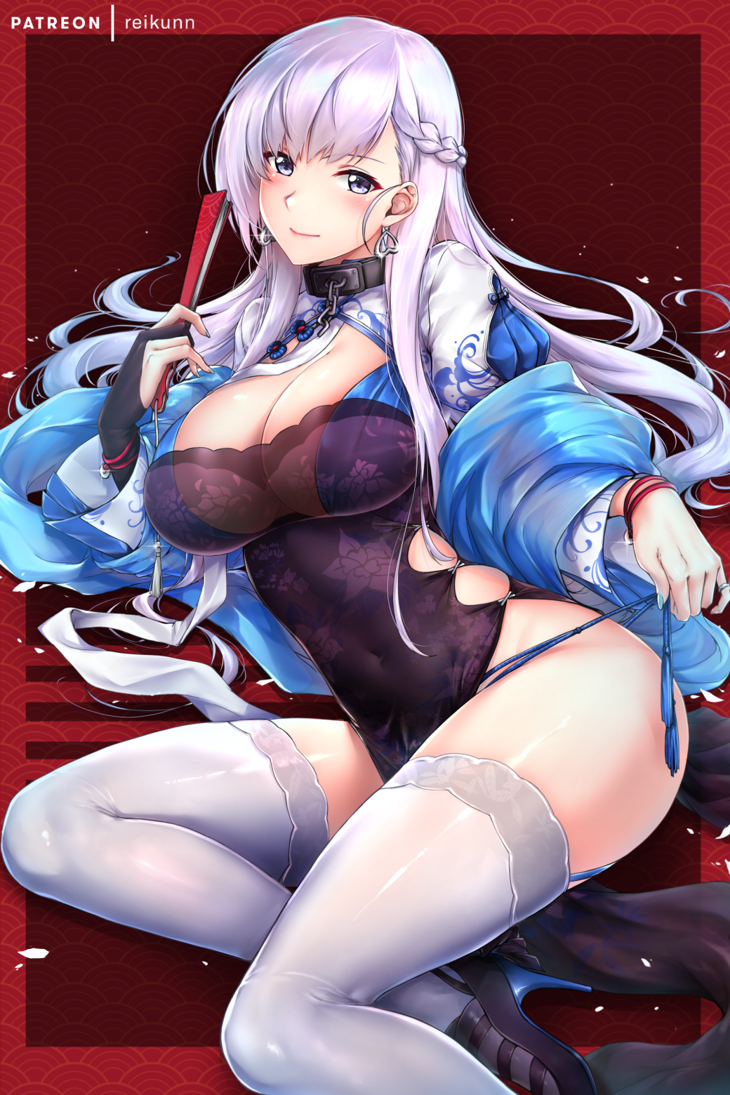 1girl, azur_lane, bangs, belfast_(azur_lane), black_dress, blue_eyes, blue_kimono, blush