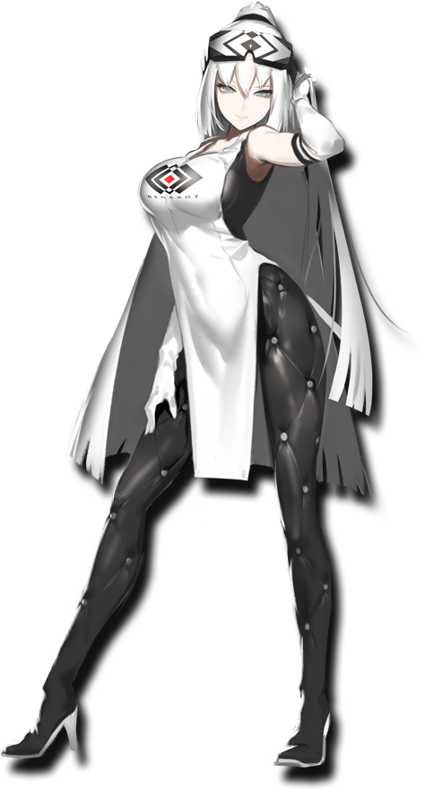 adjusting_hair, artist_request, assault_spy, breasts, contrapposto, elbow_gloves, gloves, grey_eyes, hair_between_eyes, hand_on_head, hand_on_thigh, head_mounted_display, high_heels, irene_yoneda, large_breasts, long_hair, looking_at_viewer, official_art, ponytail, shiny, shiny_clothes, smile, transparent_background, white_hair