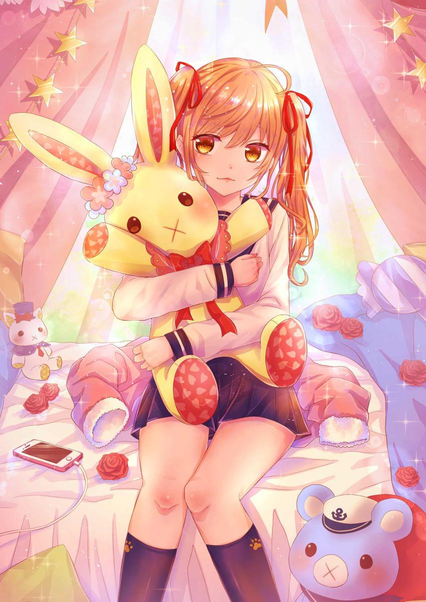 1girl, :x, absurdres, black_legwear, black_skirt, brown_eyes, brown_hair, cellphone, curtains, flower, hat, heart, highres, holding, holding_stuffed_animal, indoors, jacket, jacket_removed, kinyoko, kneehighs, long_hair, long_sleeves, looking_at_viewer, moe2019, on_bed, original, phone, pink_jacket, red_flower, red_ribbon, ribbon, school_uniform, sitting, skirt, smartphone, stuffed_animal, stuffed_bunny, stuffed_toy, teddy_bear, twintails, uniform