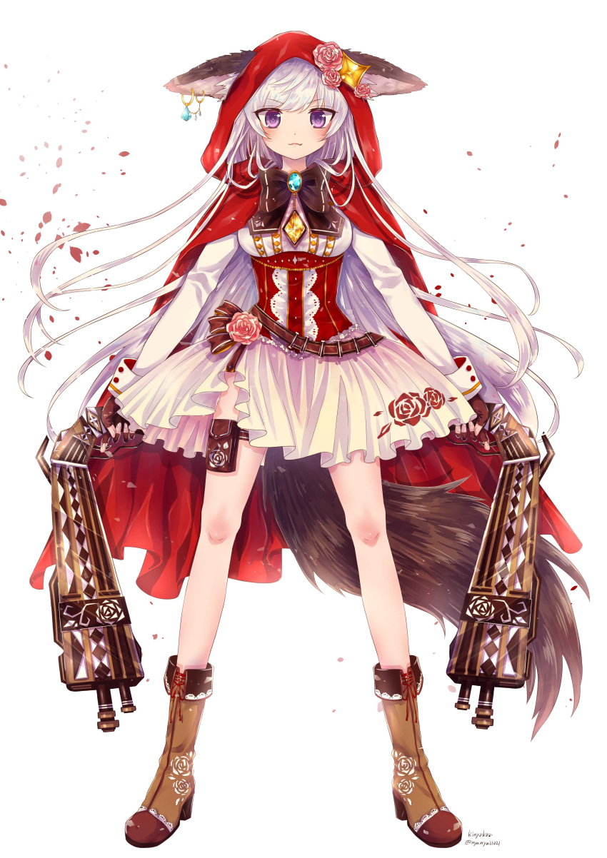 1girl, absurdres, animal_ears, boots, bow, breasts, brooch, brown_bow