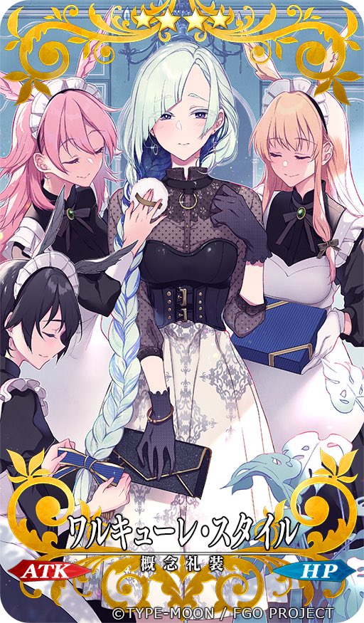 4girls, alternate_costume, alternate_hairstyle, apron, bag, black_corset, black_gloves, black_hair