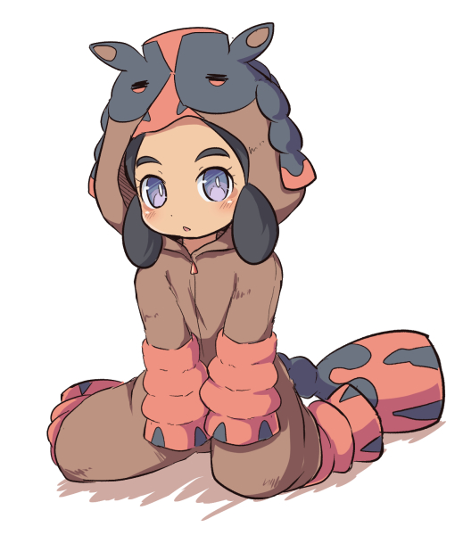1girl, bangs, black_hair, blush, brown_jumpsuit, colored_shadow, cosplay_request, creatures_(company), full_body, game_freak, hapu'u_(pokemon), hood, hood_up, jumpsuit, long_hair, looking_at_viewer, nekono_rin, nintendo, parted_bangs, parted_lips, pokemon, pokemon_(game), pokemon_sm, shadow, sitting, solo, thick_eyebrows, violet_eyes, wariza, white_background
