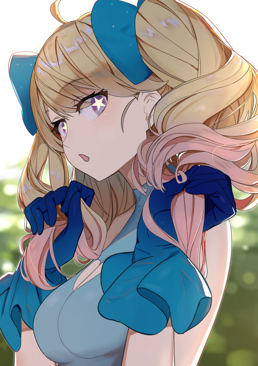 1girl, ahoge, bangs, bare_shoulders, blonde_hair, blue_bow, blue_gloves, bow, breasts, chia_(mahou_shoujo_chia_chia_channel), cleavage_cutout, eyebrows_visible_through_hair, gloves, hair_bow, hair_grab, heart_cutout, highres, long_hair, looking_at_viewer, mahou_shoujo_chia_chia_channel, medium_breasts, momosuke_(ishakry), open_mouth, star, star-shaped_pupils, symbol-shaped_pupils, upper_body, violet_eyes, virtual_youtuber