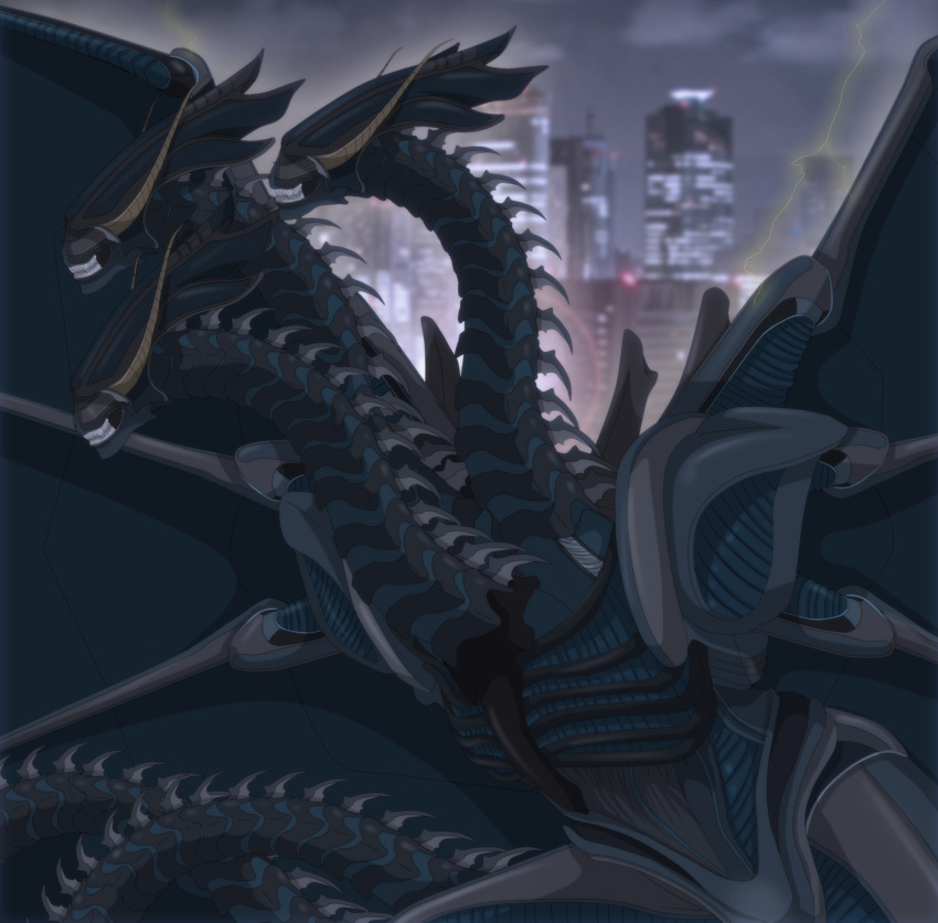 absurdres, alien, alien_(movie), arrancarfighter, city, crossover, dragon, dragon_wings