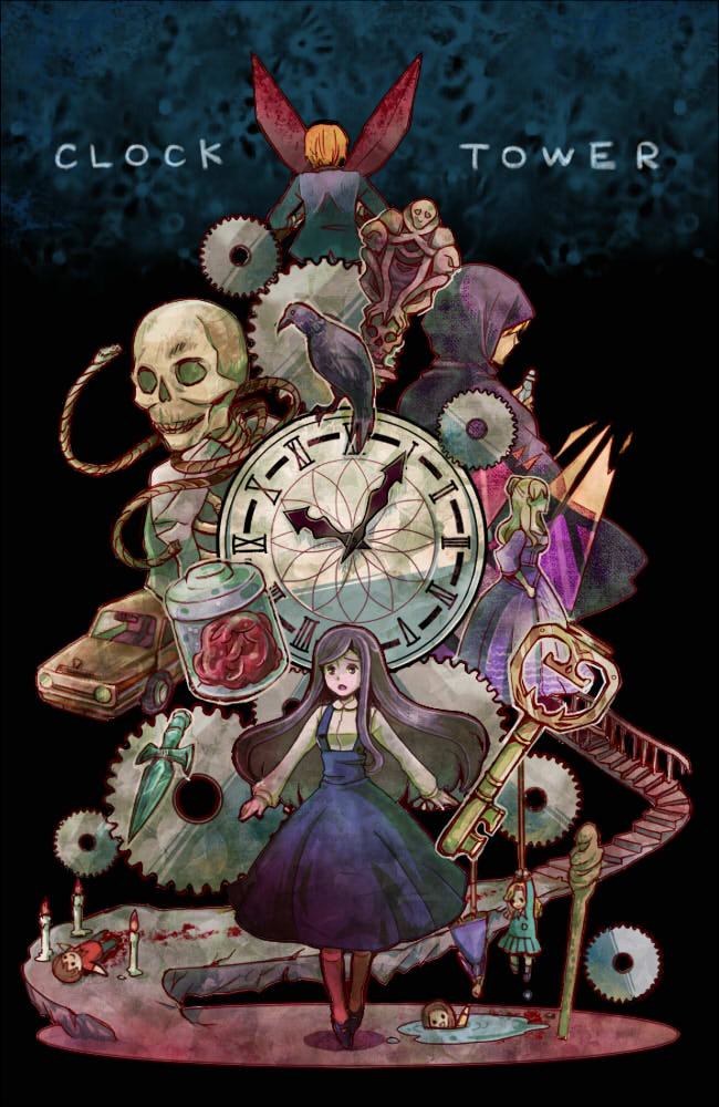 1boy, 6+girls, amaaki, anne_(clock_tower), blood, bloody_weapon, blue_dress, bobby_barrows