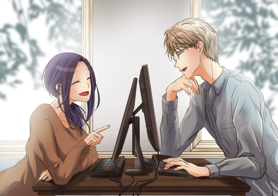 1boy, 1girl, :d, closed_eyes, day, elbows_on_table, facing_another, glasses
