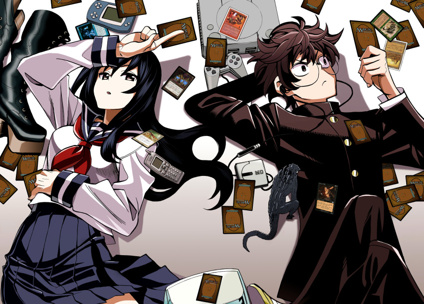 1boy, 1girl, black_hair, boots, brown_hair, card, cellphone, controller, earphones, gakuran, game_console, game_controller, glasses, highres, kanou_hajime, long_hair, long_sleeves, lying, magic:_the_gathering, minidisc_player, neckerchief, official_art, phone, playstation, pleated_skirt, sailor_collar, sawatari_emi, school_uniform, serafuku, skirt, subete_no_jinrui_wo_hakai_suru._sorera_wa_saisei_dekinai., yokota_takuma