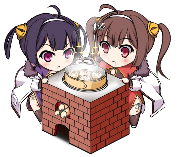 2girls, :<, ahoge, anchor_hair_ornament, azur_lane, baozi, brown_hair, brown_legwear