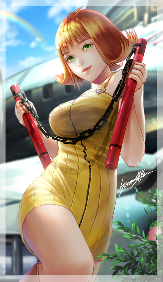 1girl, antenna_hair, balamb_garden, bangs, bare_shoulders, blue_sky, blurry, blurry_background
