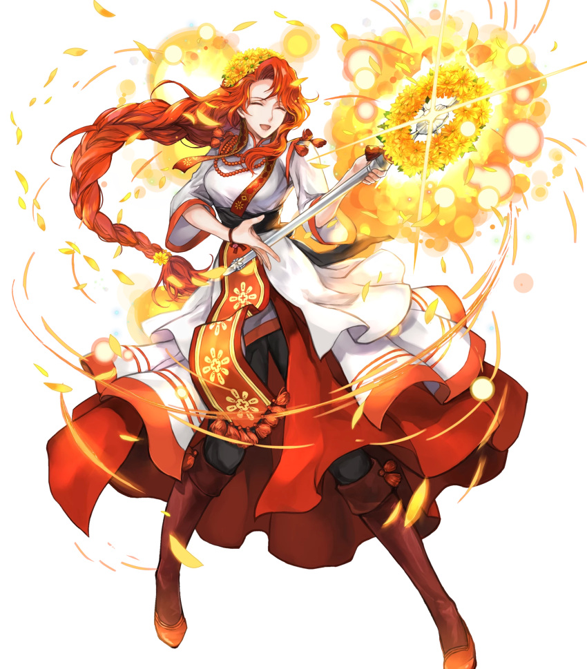 1girl, bangs, black_pants, braid, breasts, closed_eyes, dress, fire_emblem