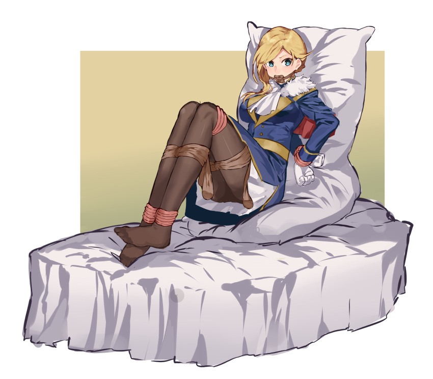1girl, amiba_(amiba00638239), arms_behind_back, ascot, asymmetrical_bangs, azur_lane, bangs, bdsm, bed, black_legwear, blonde_hair, blue_eyes, bondage, bound, bound_wrists, breasts, coat, full_body, fur_trim, gag, gloves, highres, hood_(azur_lane), legs_together, long_sleeves, medium_breasts, medium_hair, pantyhose, pillow, restrained, simple_background, skirt, solo, tied_up, white_gloves