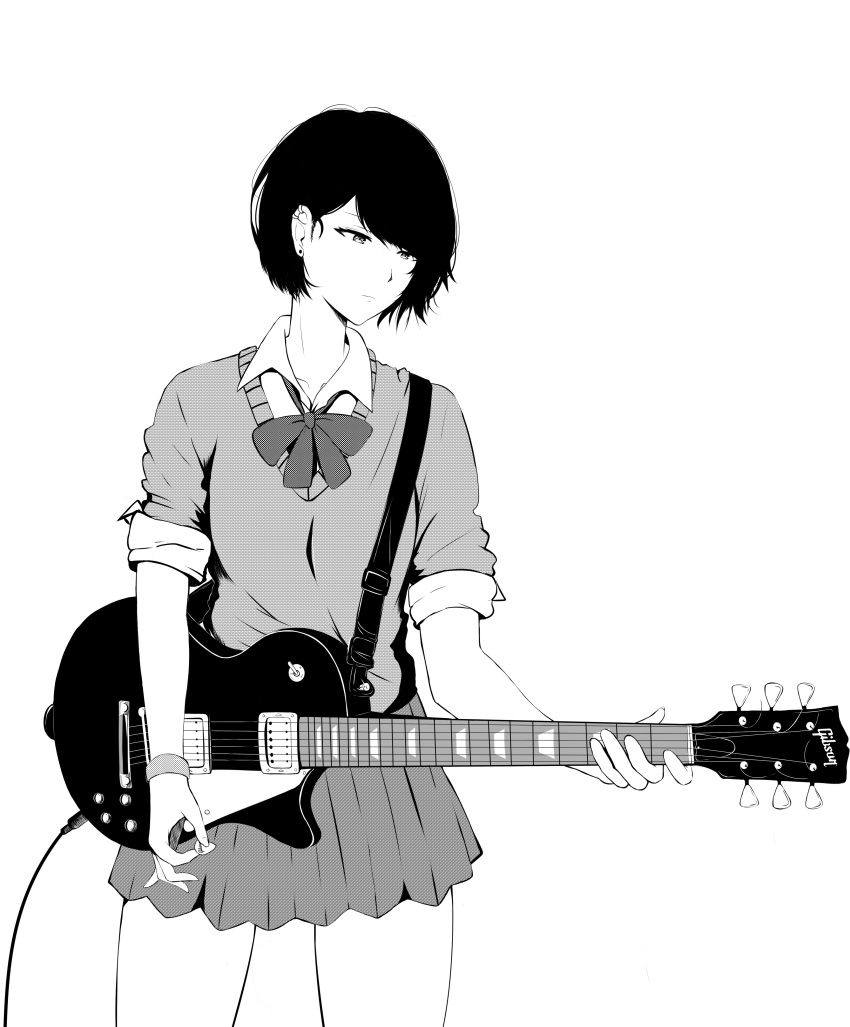 1girl, absurdres, bangs, bow, cardigan, collared_shirt, deroo, dress_shirt