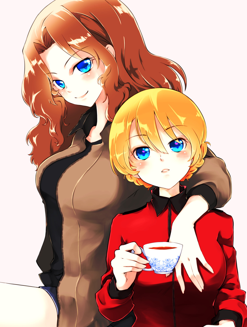 2girls, absurdres, alternate_hair_color, arm_around_neck, bangs, black_shirt, blonde_hair, blue_eyes, blue_shorts, braid, brown_hair, brown_jacket, commentary_request, cup, darjeeling, epaulettes, eyebrows_visible_through_hair, girls_und_panzer, hair_intakes, hand_on_another's_chest, head_tilt, highres, holding, holding_cup, jacket, kay_(girls_und_panzer), light_blush, light_frown, lips, long_hair, long_sleeves, looking_at_viewer, military, military_uniform, multiple_girls, open_mouth, parted_lips, red_jacket, saunders_military_uniform, shirt, short_hair, short_shorts, shorts, simple_background, sitting, smile, st._gloriana's_military_uniform, tea, teacup, tied_hair, twin_braids, umxzo, uniform, white_background