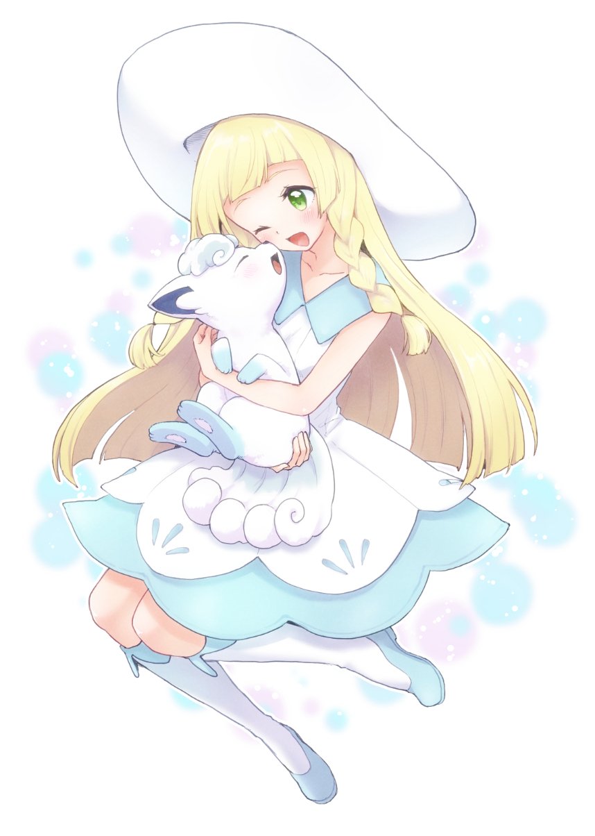 1girl, alolan_form, alolan_vulpix, blonde_hair, braid, creatures_(company), dress, game_freak