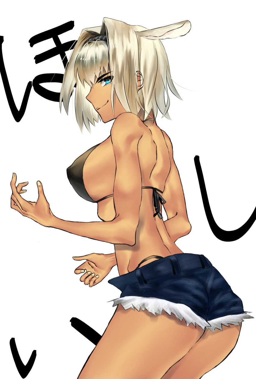 1girl, animal_ears, bangs, bikini_top, blue_eyes, breasts, caenis_(fate), commentary_request